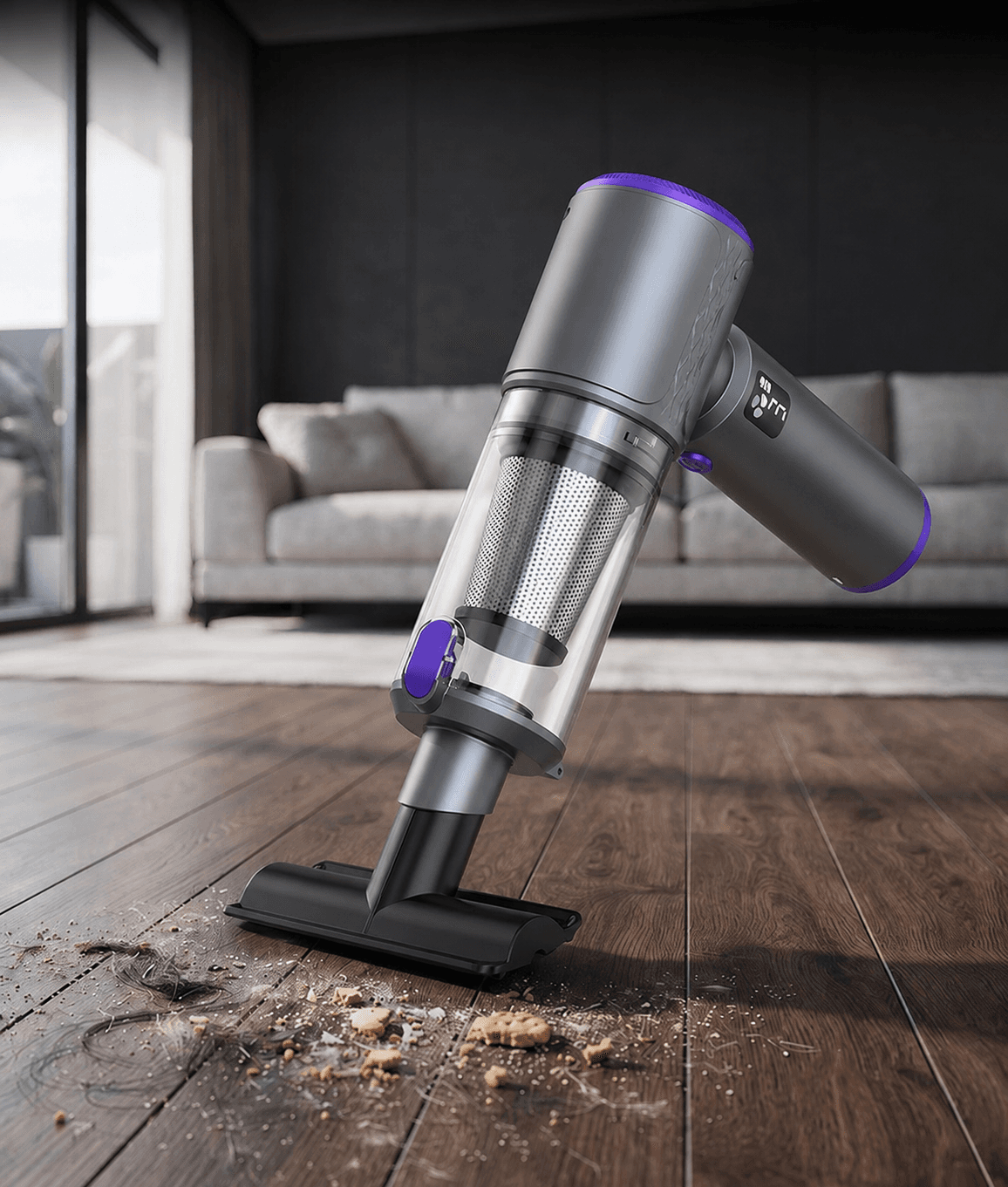 LT-166 gray and purple handheld vacuum cleaning a living room floor