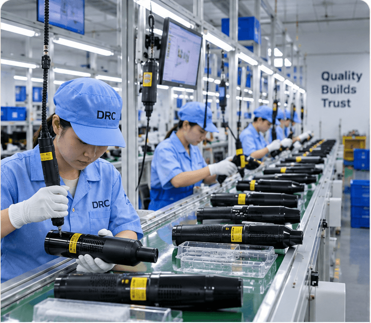 Workers assembling vacuum cleaner products on the DRC production line