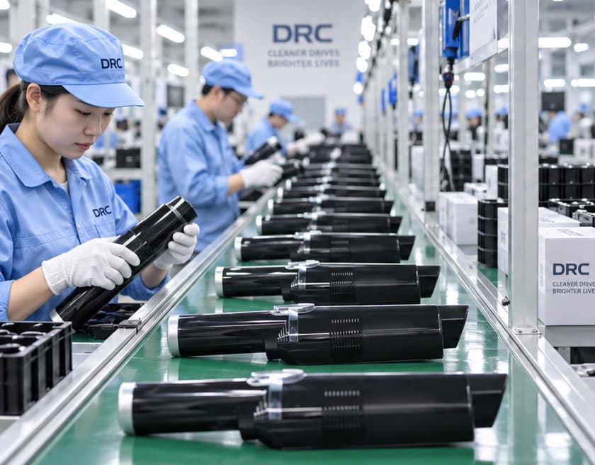 DRC workers inspecting car vacuum cleaners on an organized production line in Dongguan