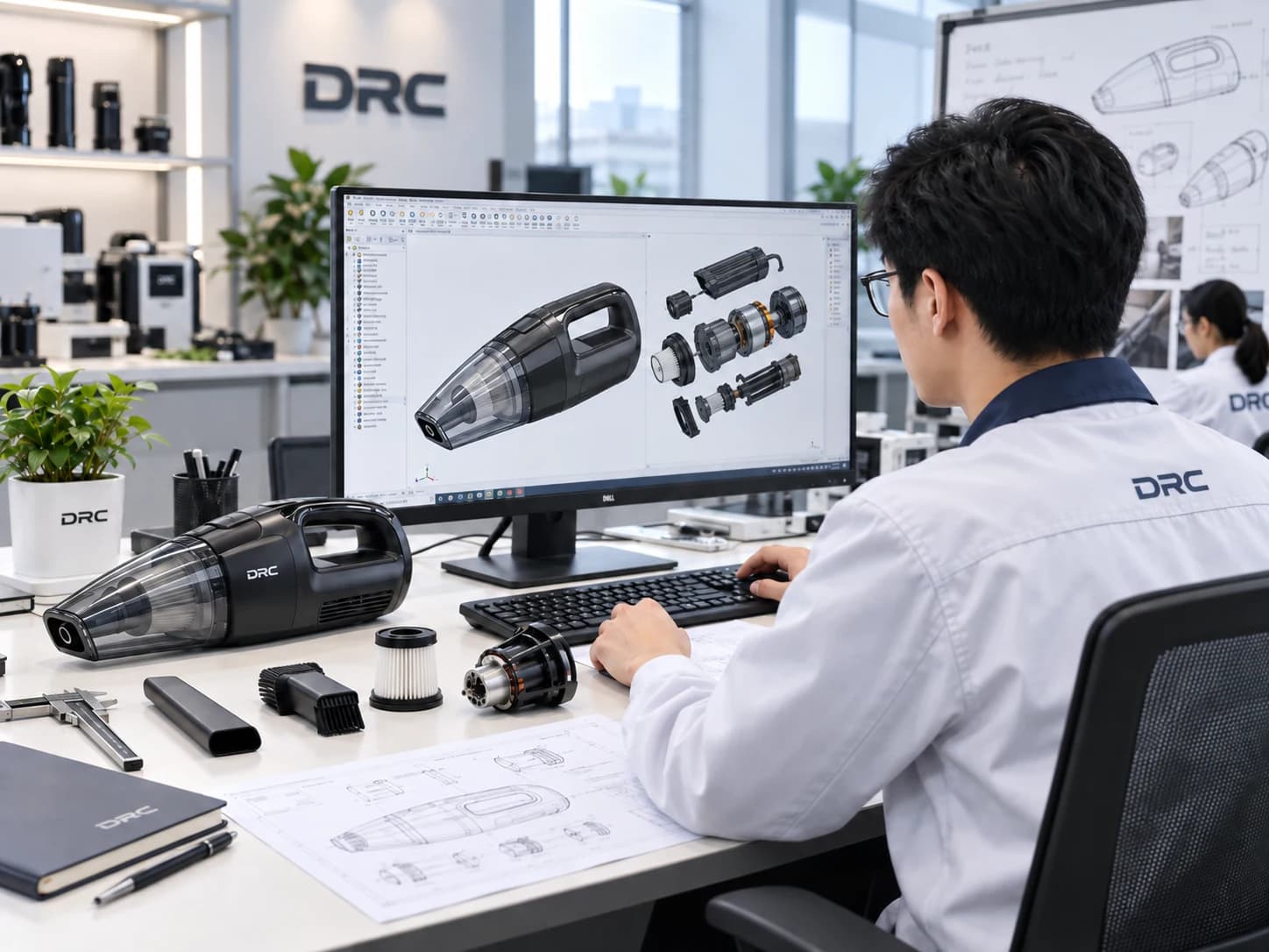 DRC engineer developing a car vacuum cleaner with an exploded CAD model and physical components
