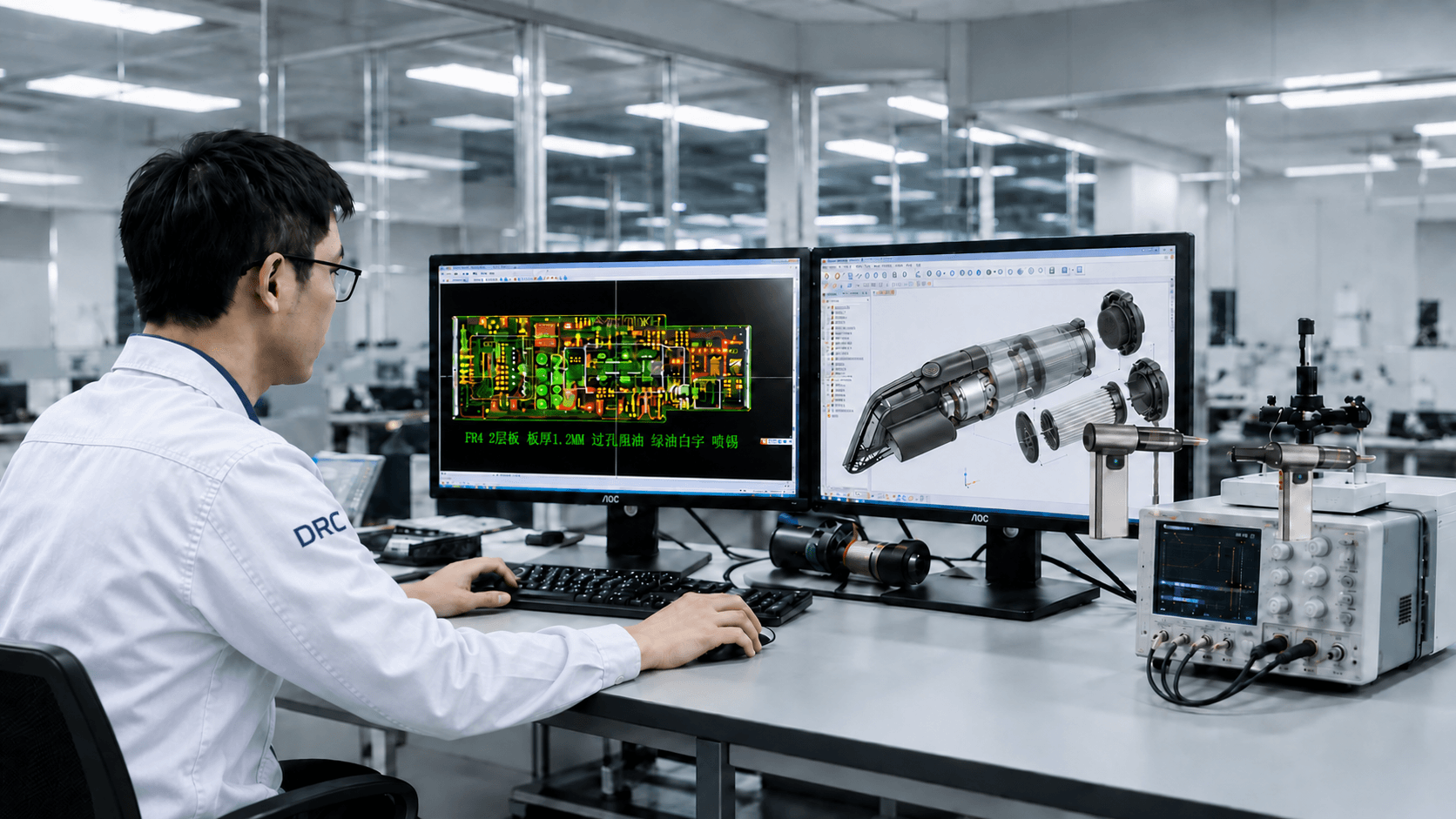 DRC engineer in blue workwear reviewing an exploded vacuum cleaner design on dual monitors