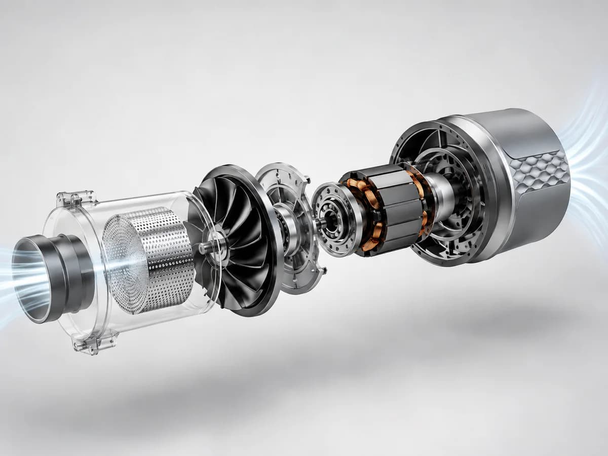 Exploded view of a brushless vacuum motor and airflow system