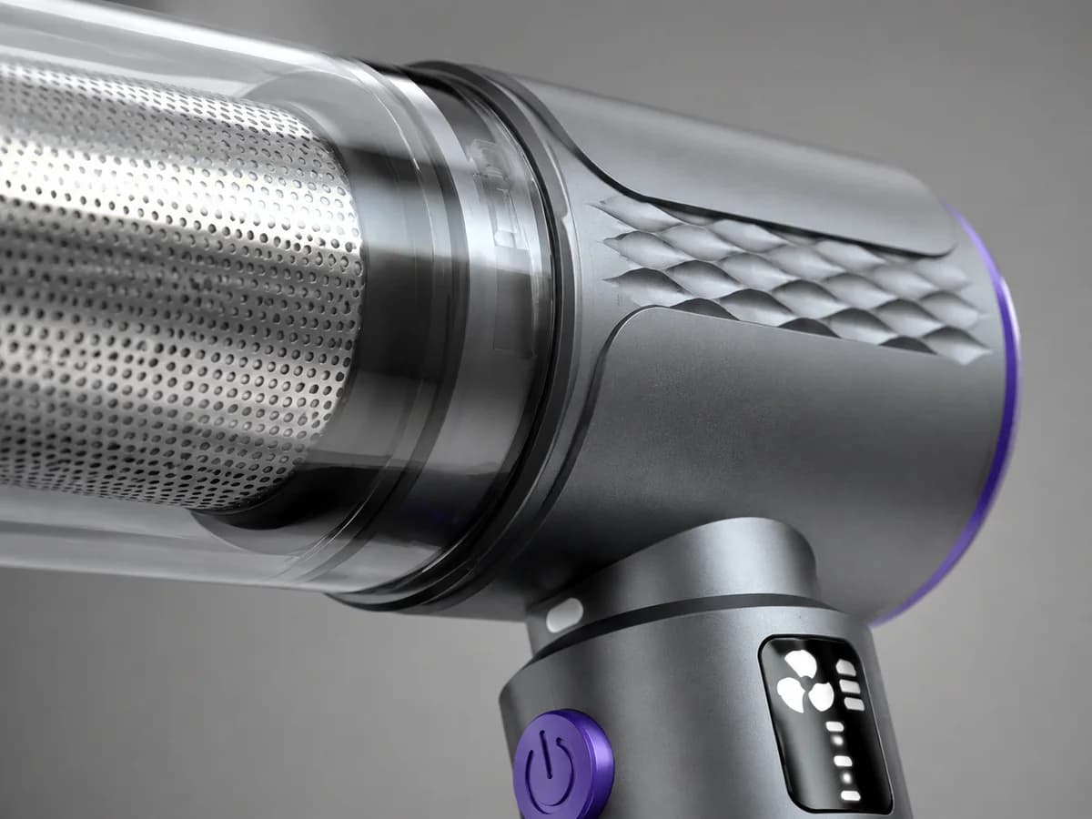 Close-up of a handheld vacuum cleaner surface, filter and material details