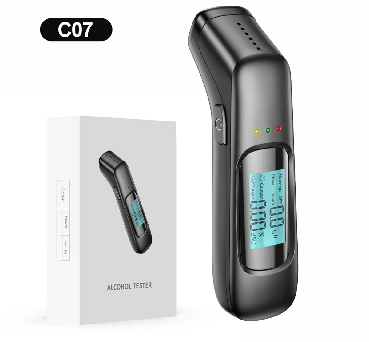 C07 compact digital breath alcohol tester with retail packaging