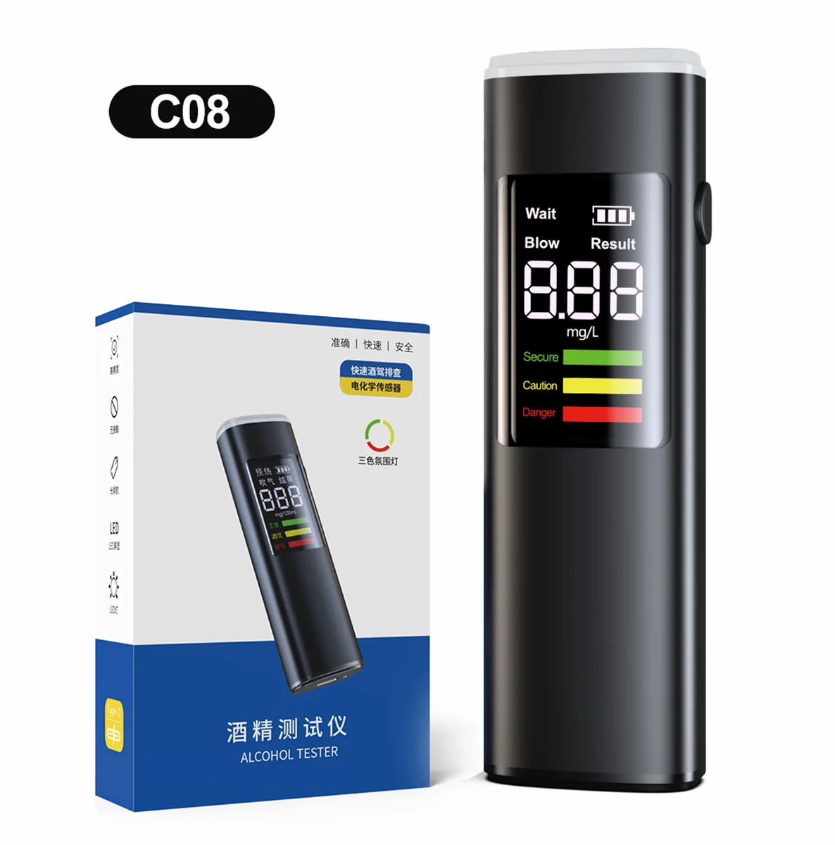 C08 electrochemical breath alcohol tester with retail packaging