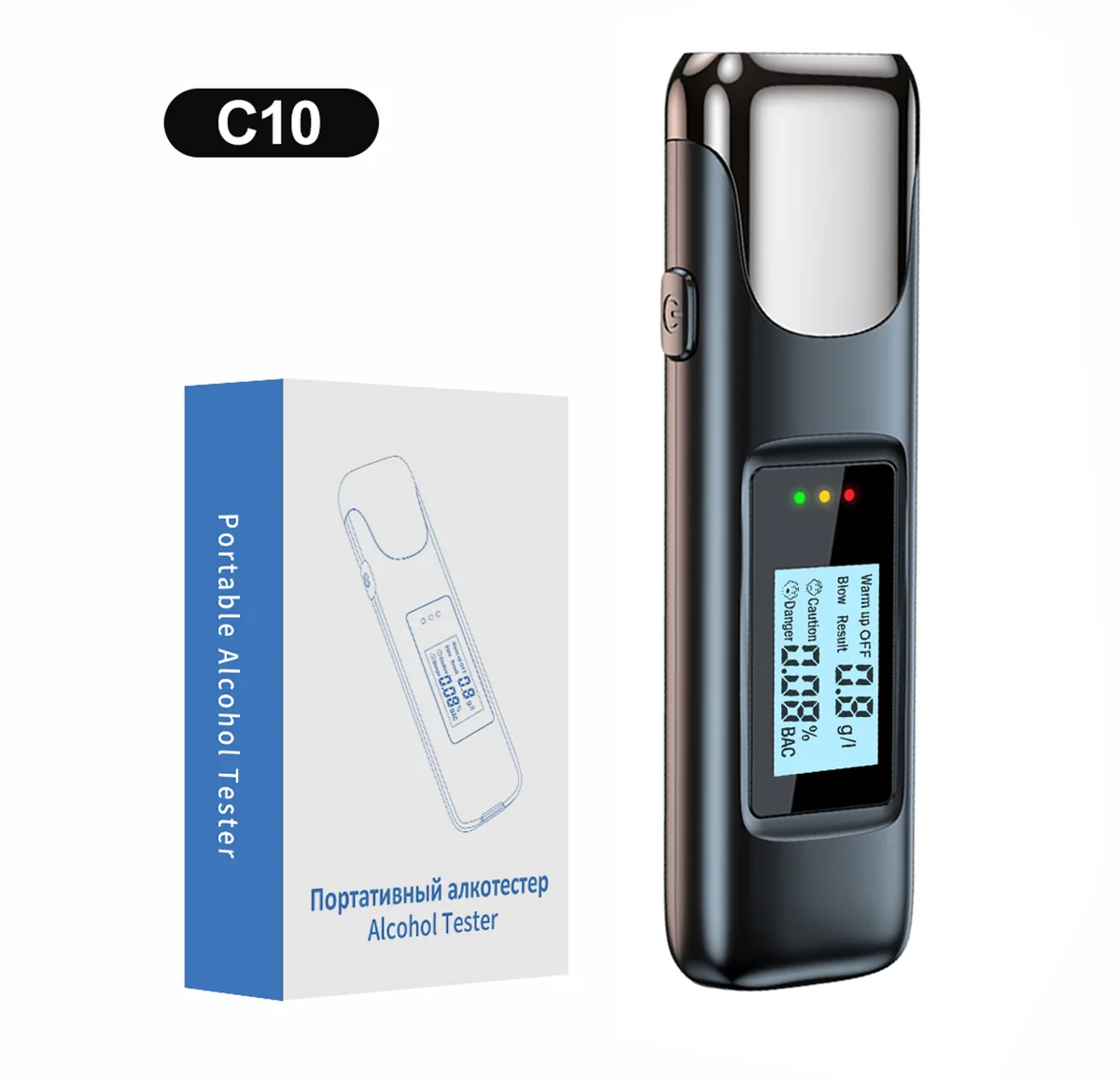 C10 portable alcohol tester with English retail packaging