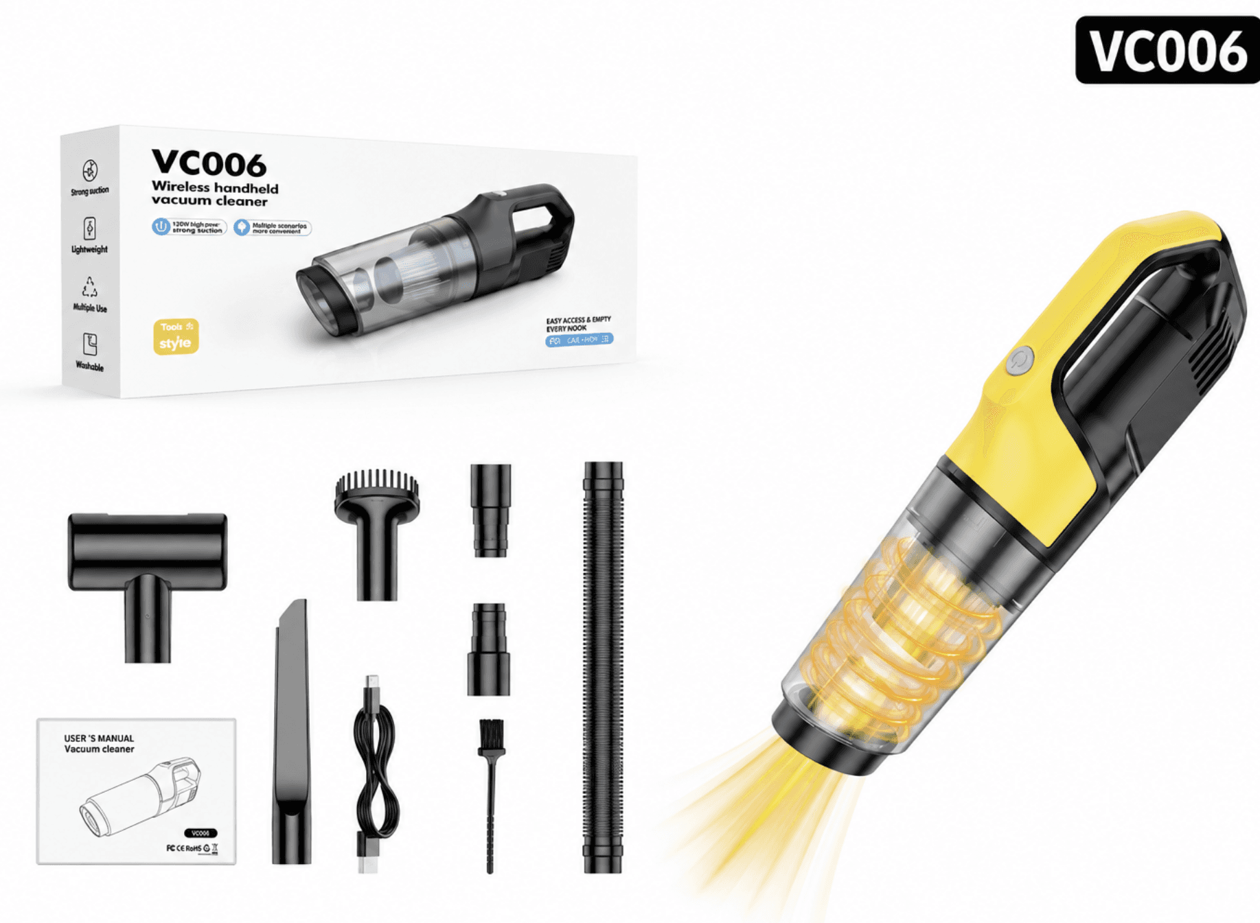 VC006 brushed car vacuum cleaner with accessories