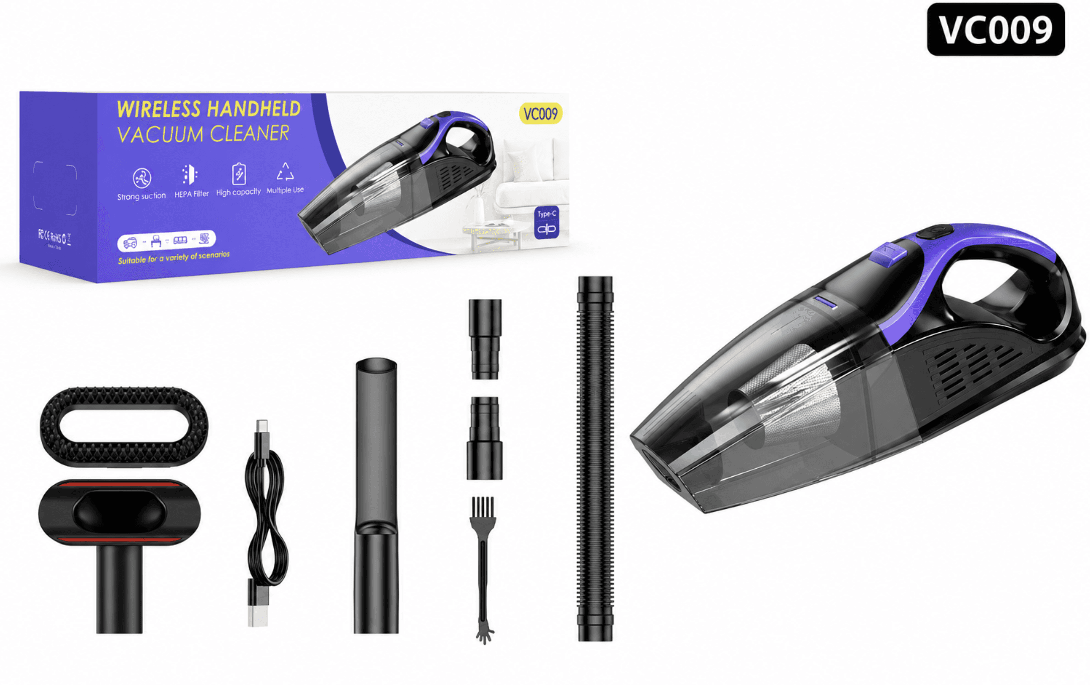 VC009 brushed car vacuum cleaner with accessories