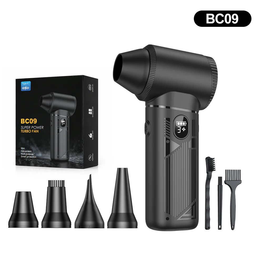 BC09 high-power brushless air duster with 260W output and accessories