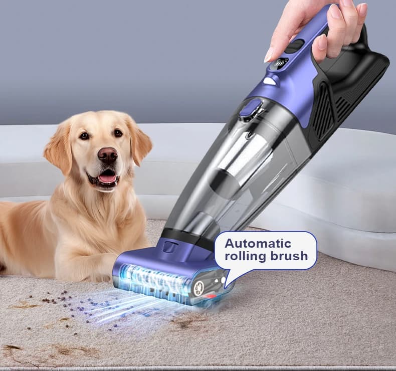VC036S Powered roller brush cleaning a carpet beside a dog
