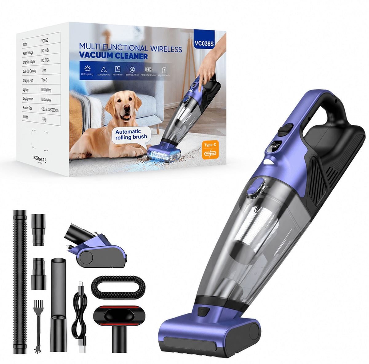 VC036S pet hair vacuum with motorized roller brush, packaging and accessories