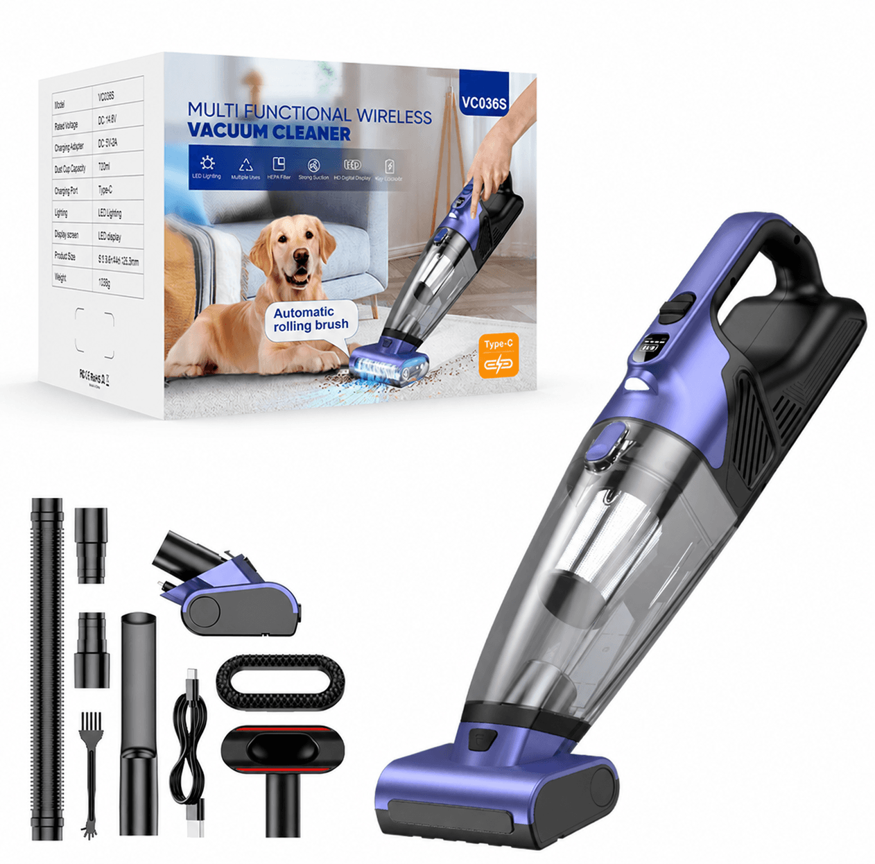 VC036S pet hair vacuum with motorized roller brush, packaging and accessories