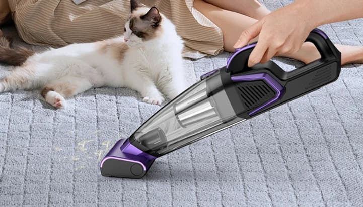 VC038S Pet hair cleaning on bedding beside a cat