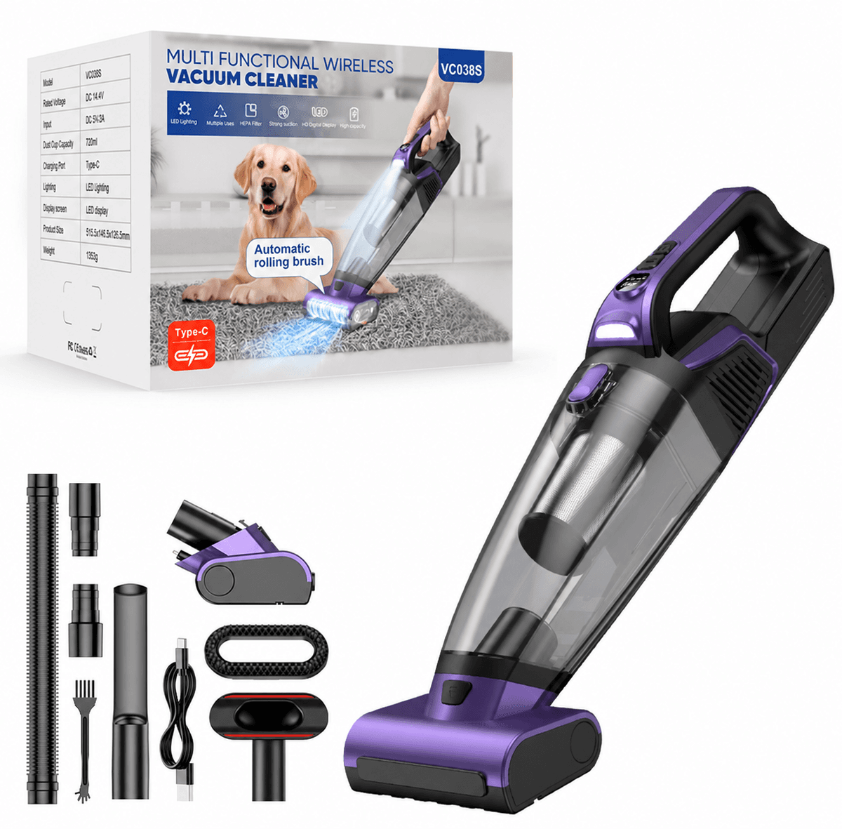 VC038S cordless pet hair vacuum with motorized roller brush, packaging and accessories