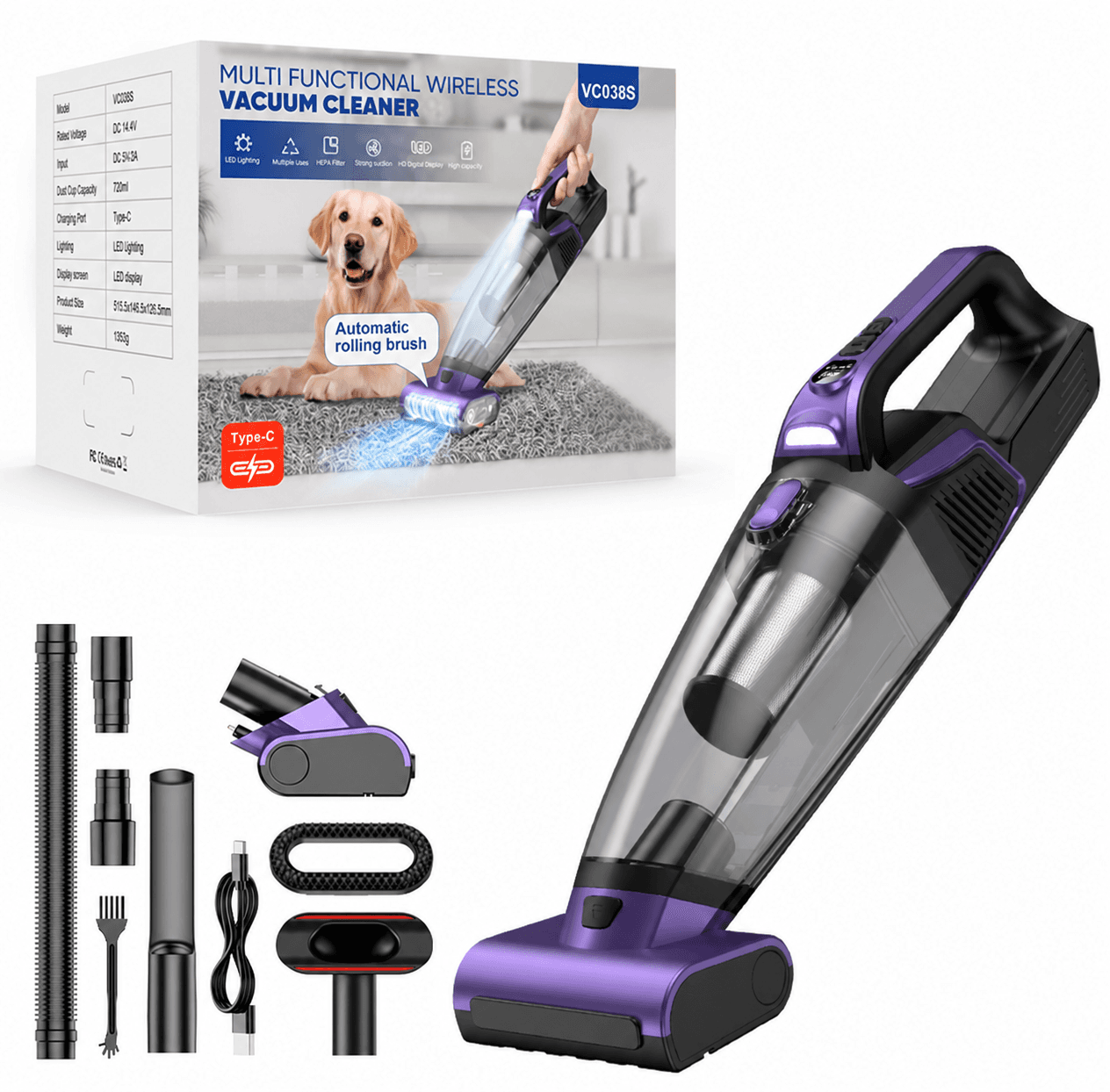 VC038S cordless pet hair vacuum with motorized roller brush, packaging and accessories