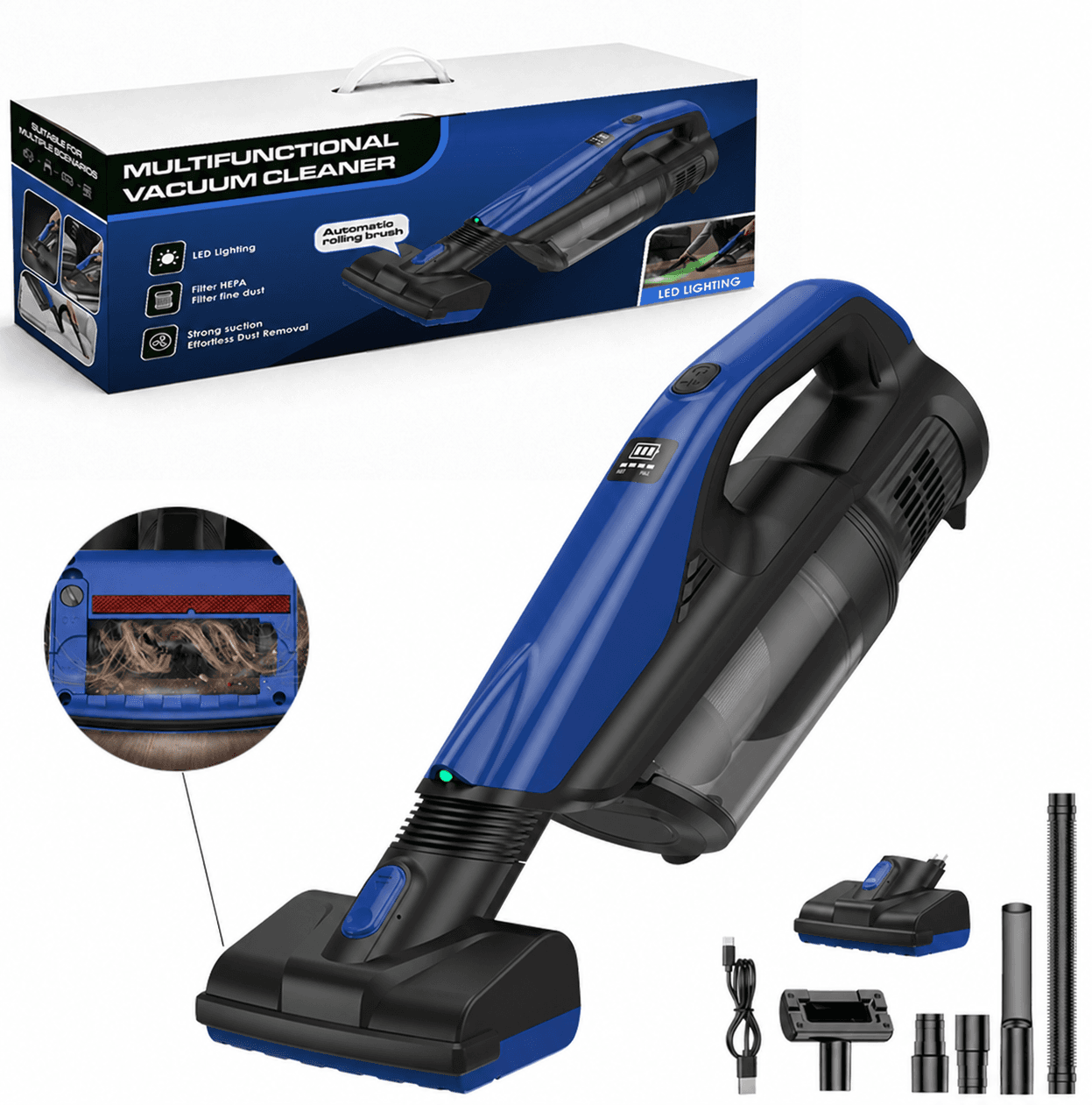 VC803 pet hair vacuum with motorized roller brush, packaging and accessories