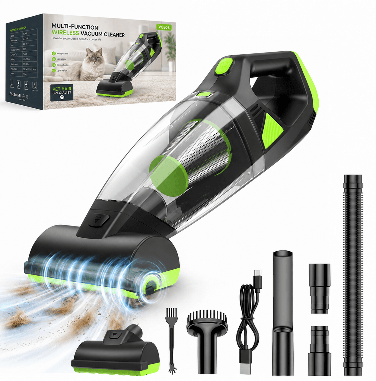 VC808 pet hair vacuum with motorized roller brush, packaging and accessories