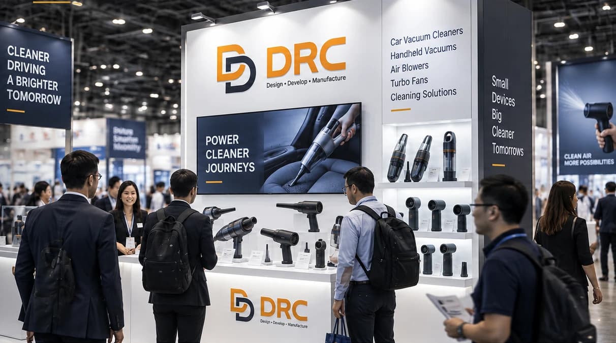 Visitors beside the DRC exhibition booth and cleaning product displays