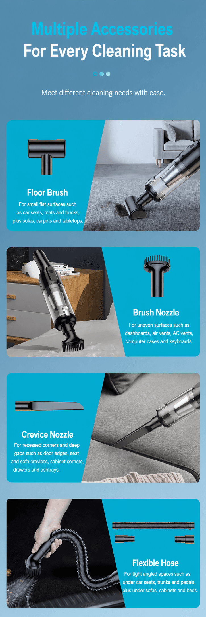 VC029 floor brush, dusting brush, crevice nozzle and flexible hose