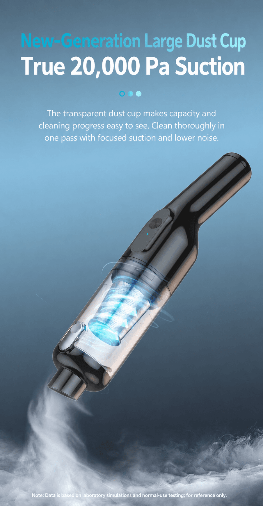 VC029 large-capacity transparent dust cup and 20000 Pa suction