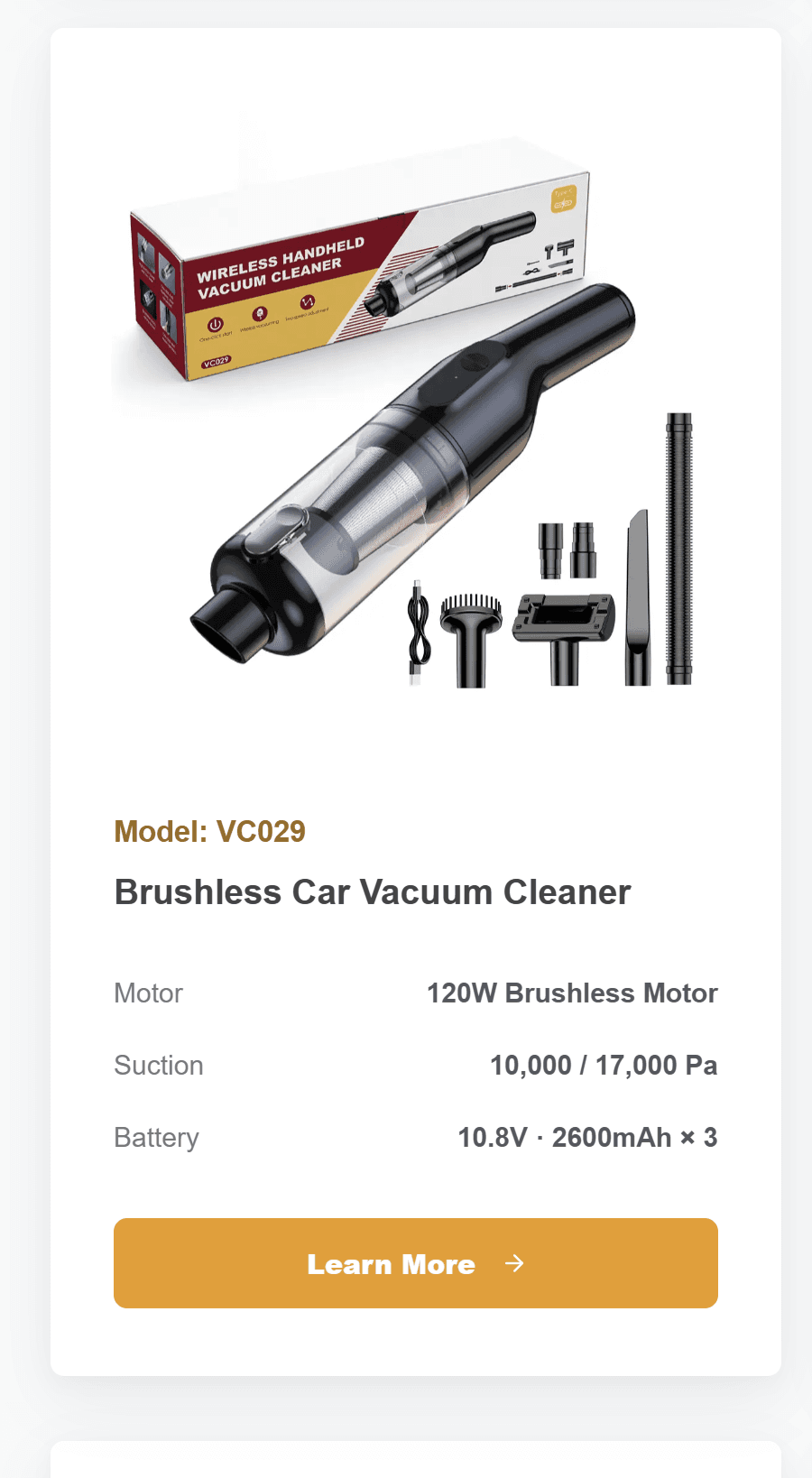 VC029 brushless car vacuum cleaner with accessory kit and packaging