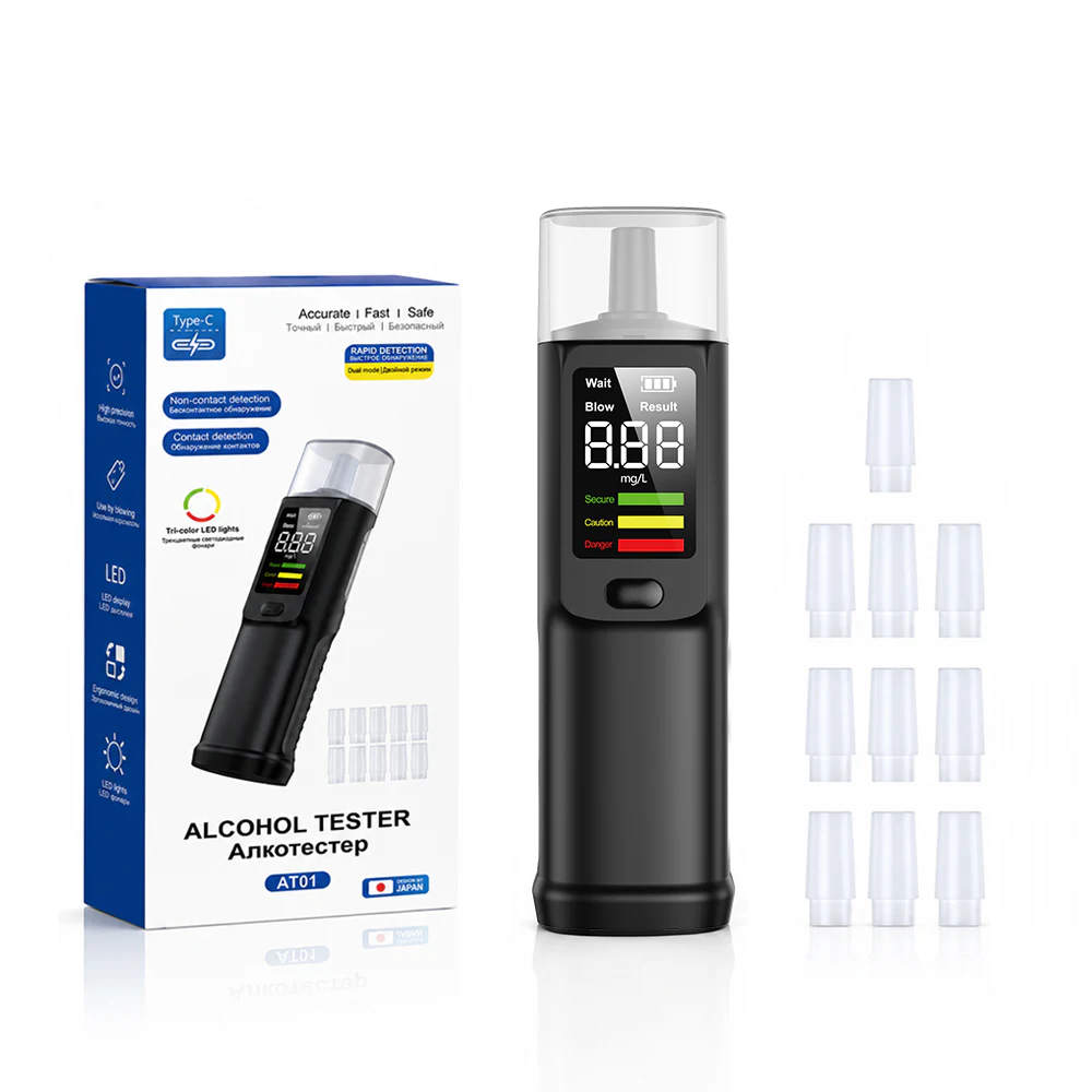 AT01 digital breathalyzer with retail packaging and mouthpieces