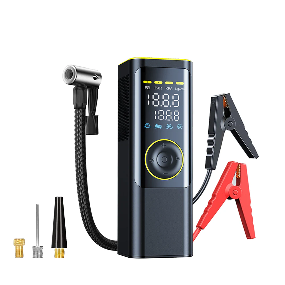 YJ-1 digital car tire inflator with hose, clamps and adapters