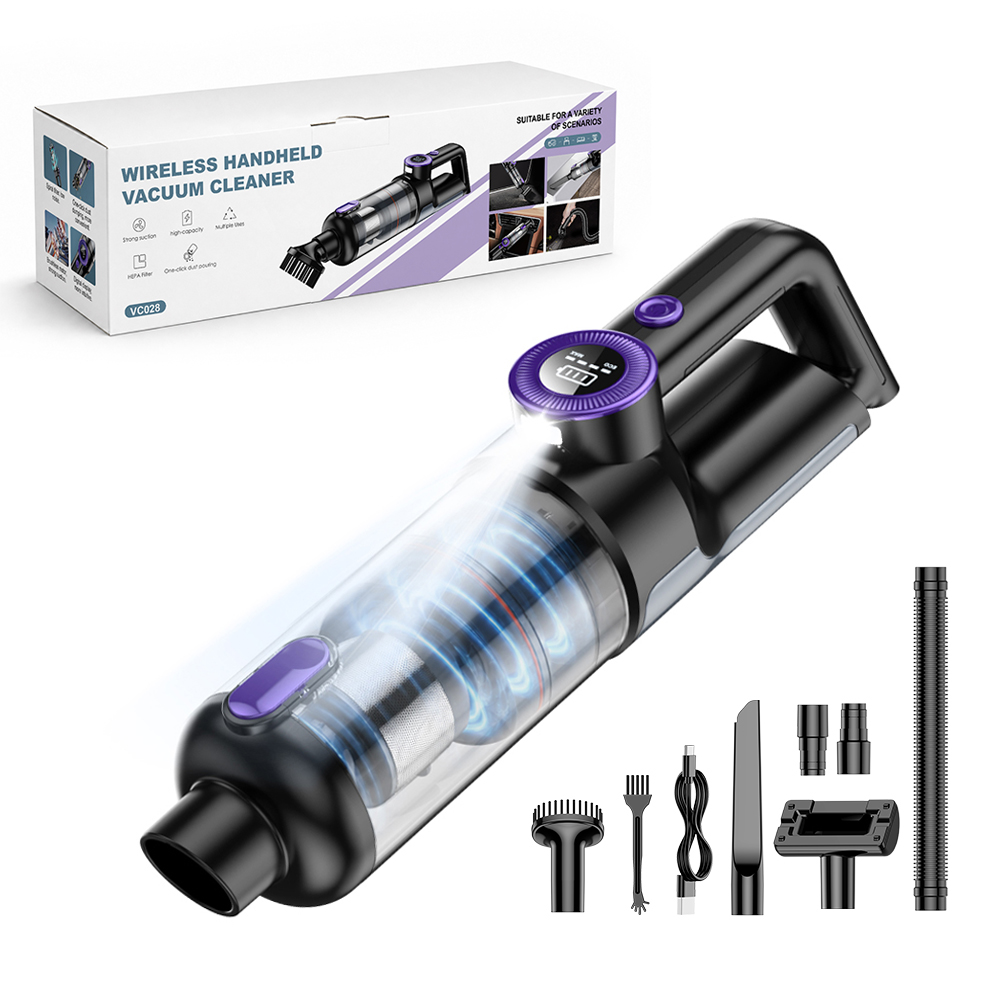 VC028 brushless car vacuum cleaner with retail packaging and accessories on a white background