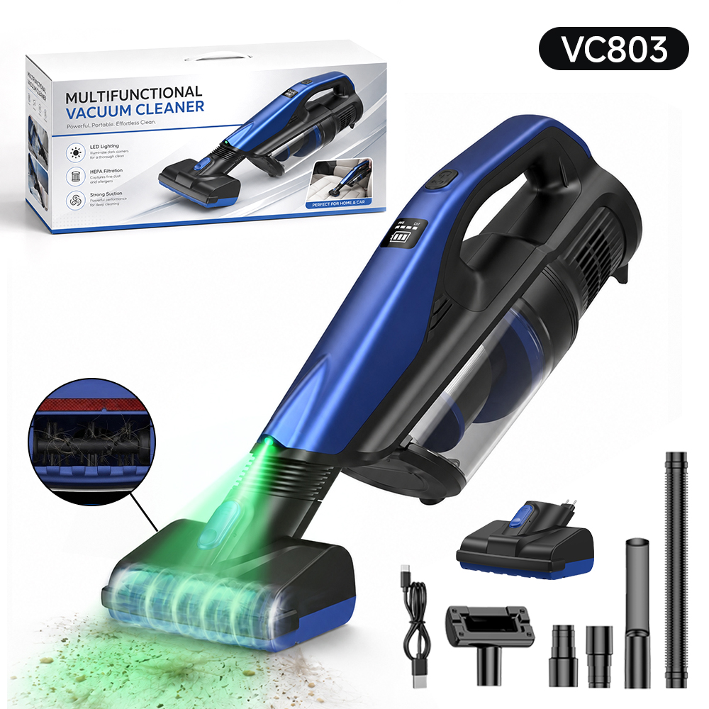 VC803 pet hair vacuum cleaner with retail packaging, powered brush and accessories
