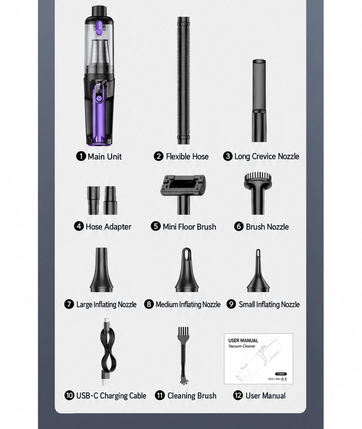 VC026 vacuum, blower nozzles, brushes, hose and USB-C cable