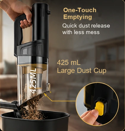 VC805 425 mL transparent dust cup opening over a bin, with release-button detail