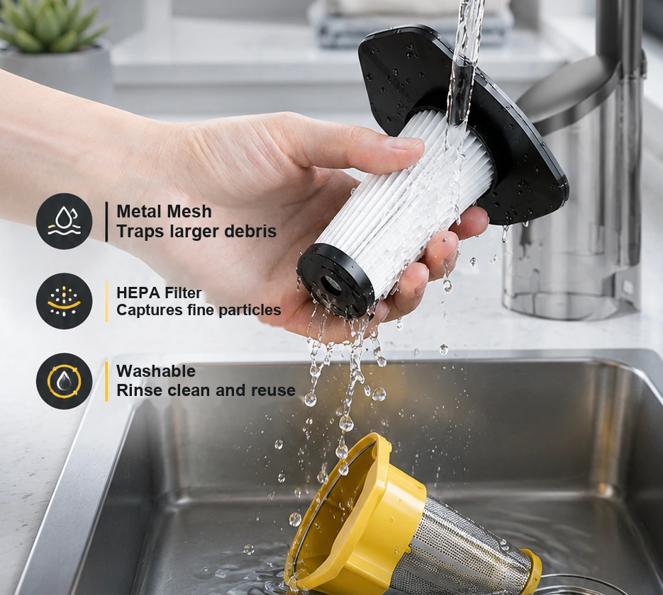 VC805 original washable filter, metal mesh and hand rinsing the filter