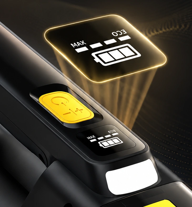 VC805 original power button, battery indicator and two-mode digital display close-up